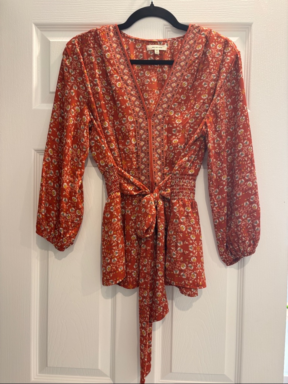 Rust Floral V-Neck Tie-Waist Blouse